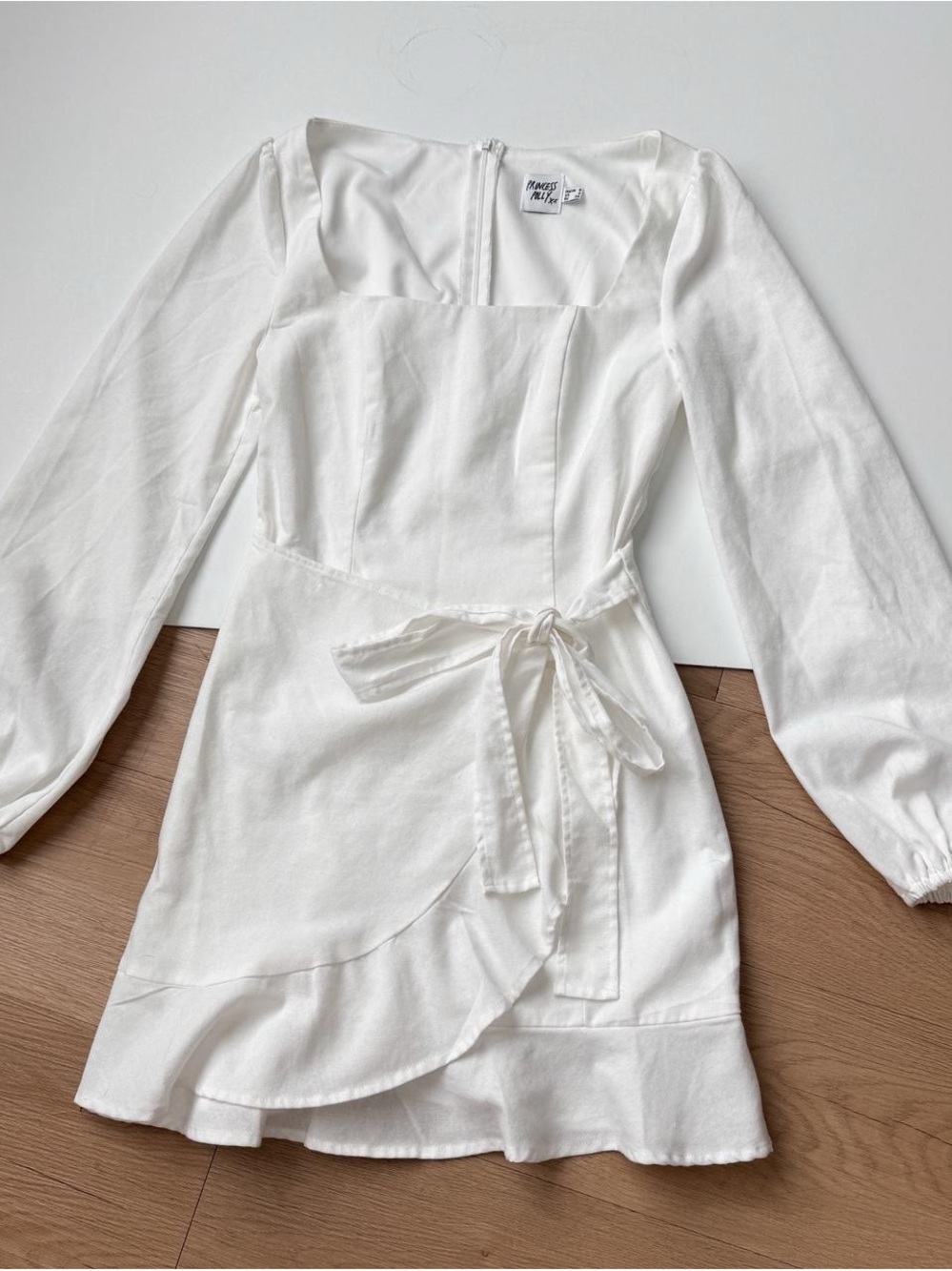 Princess Polly White Dress Small Cotton Linen Blend Long Sleeve Mini Wedding